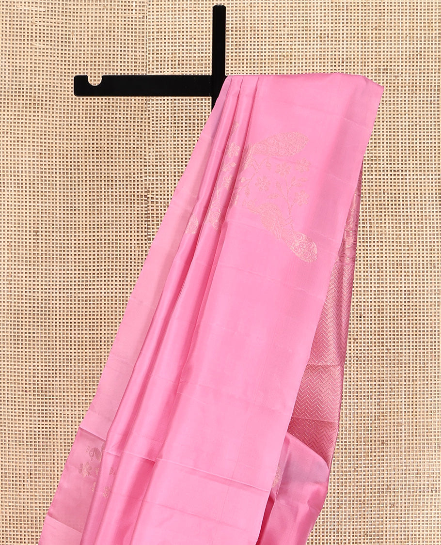 Borderless Pink Mayuri Lite Silk Mix Saree, Masterfully Woven with Zari Buttas All Over Its Body, Highlighted by Self-Pallu of Vanki Designs, and Paired with a Matching Blouse