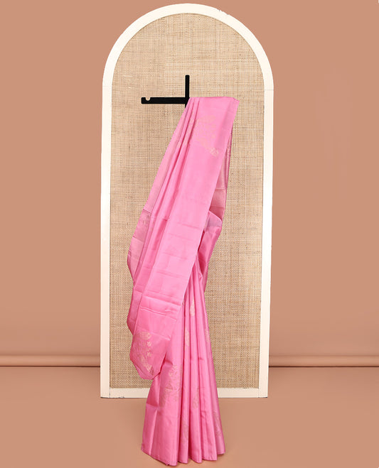 Borderless Pink Mayuri Lite Silk Mix Saree, Masterfully Woven with Zari Buttas All Over Its Body, Highlighted by Self-Pallu of Vanki Designs, and Paired with a Matching Blouse