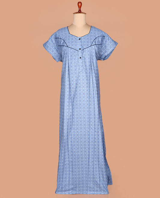Blue diamond patterns printed with half-hexogon shape neck half-sleeve cotton nighty