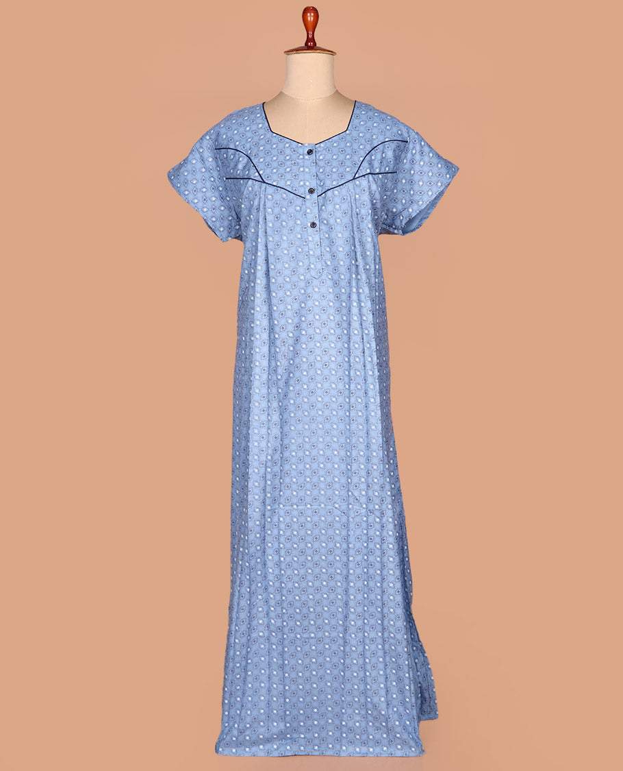 Blue diamond patterns printed with half-hexogon shape neck half-sleeve cotton nighty