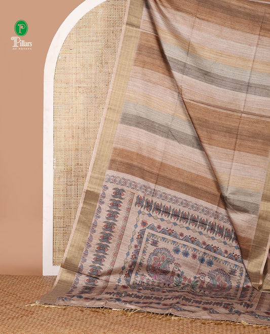 Brown hand-brush-dye theme printed semi-tusser silksaree,bavanji zari border,Madhubani printed pallu & floral print blouse