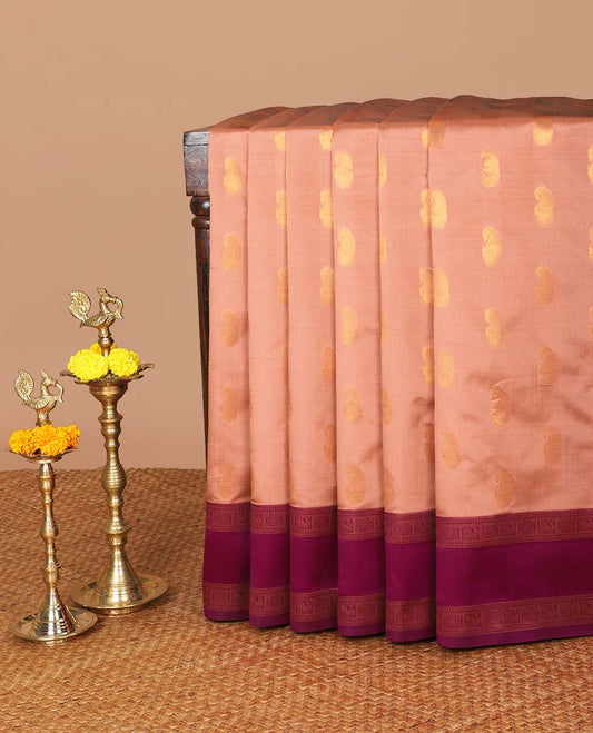 Onion pink with purple mango butta zari design litchi soft silk saree with contrast bentex traditional border & rich weaving pallu along with brocade blouse