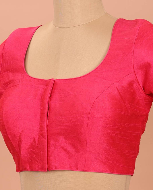 Pink Plain Readymade Blouse Featuring a Front Round-Neck, Back Round-Neck, and Elbow Sleeves