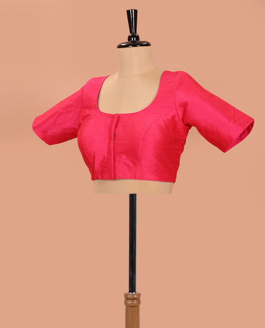Pink Plain Readymade Blouse Featuring a Front Round-Neck, Back Round-Neck, and Elbow Sleeves