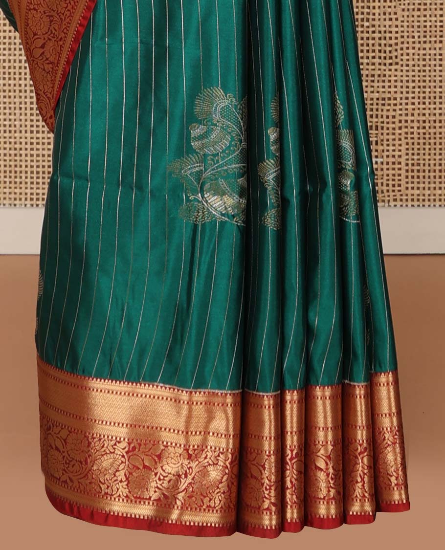 Green striped, motifs soft silk saree with contrast striped border & floral design pallu