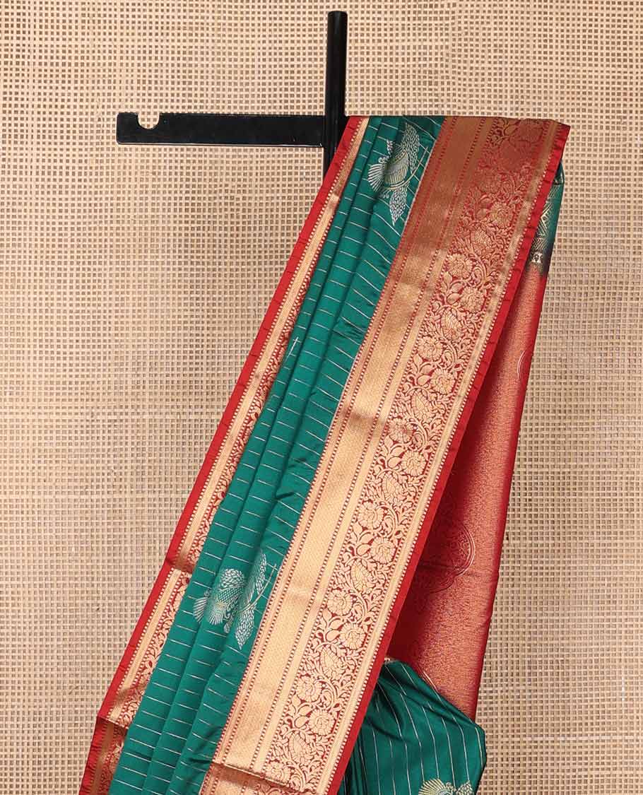 Green striped, motifs soft silk saree with contrast striped border & floral design pallu