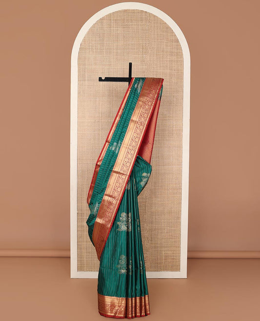 Green striped, motifs soft silk saree with contrast striped border & floral design pallu