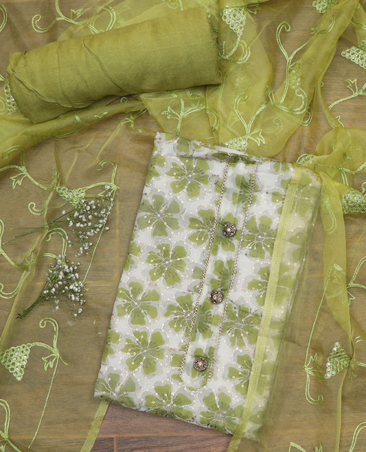 Parrot green material chudidar set, floral print with sequins embroidery top, plain bottom, and paisley vine sequins embroidered dupatta