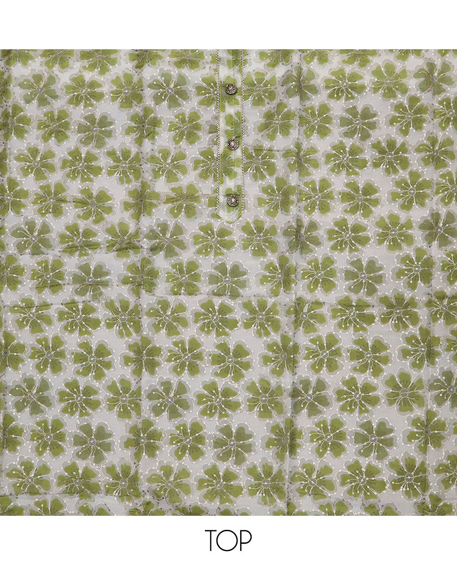 Parrot green material chudidar set, floral print with sequins embroidery top, plain bottom, and paisley vine sequins embroidered dupatta