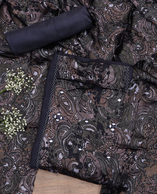 Elephant grey material chudidar set, abstract printed with mirror work embroidered top, plain bottom and abstract printed dupatta