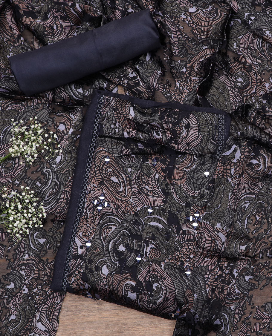Elephant grey material chudidar set, abstract printed with mirror work embroidered top, plain bottom and abstract printed dupatta