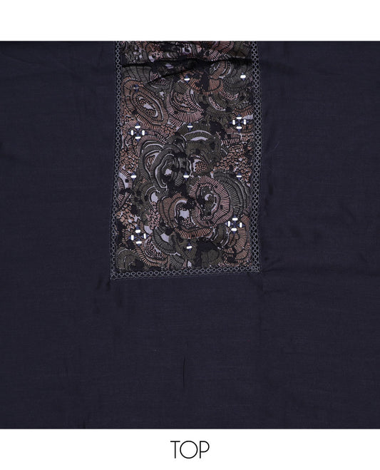 Elephant grey material chudidar set, abstract printed with mirror work embroidered top, plain bottom and abstract printed dupatta