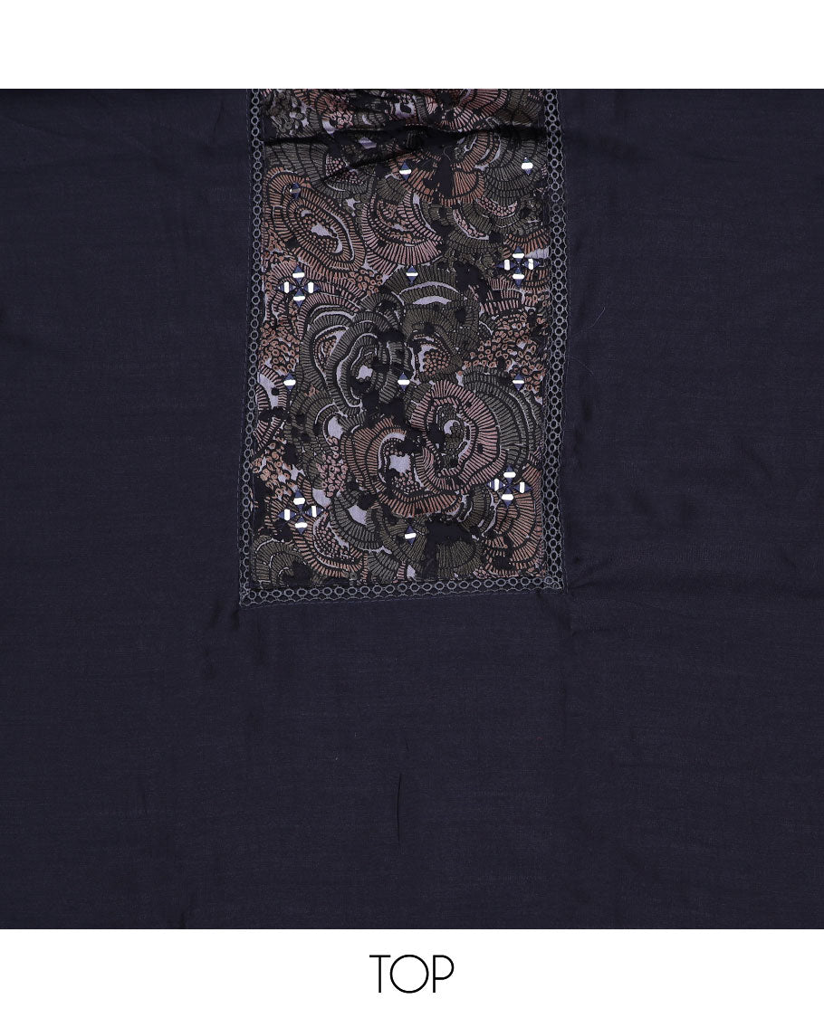 Elephant grey material chudidar set, abstract printed with mirror work embroidered top, plain bottom and abstract printed dupatta