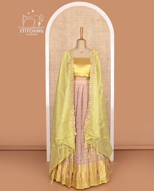 Peach art silk half-saree, sparsely design with contrast traditional motifs bordered skirt, contrast blouse, and scallop embroidered dhavani