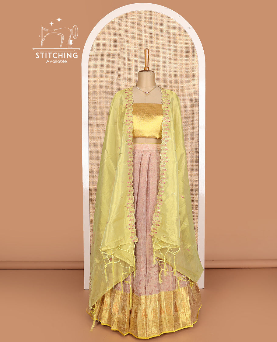 Peach art silk half-saree, sparsely design with contrast traditional motifs bordered skirt, contrast blouse, and scallop embroidered dhavani