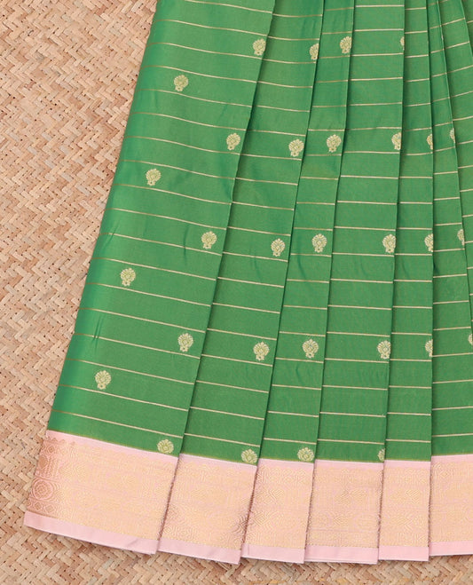 Green Budget Silk Saree, Mesmerized with Zari Buttas and Stripes, a Contrast Traditional Zari Border, Grand Pallu, and a Contrast Blouse