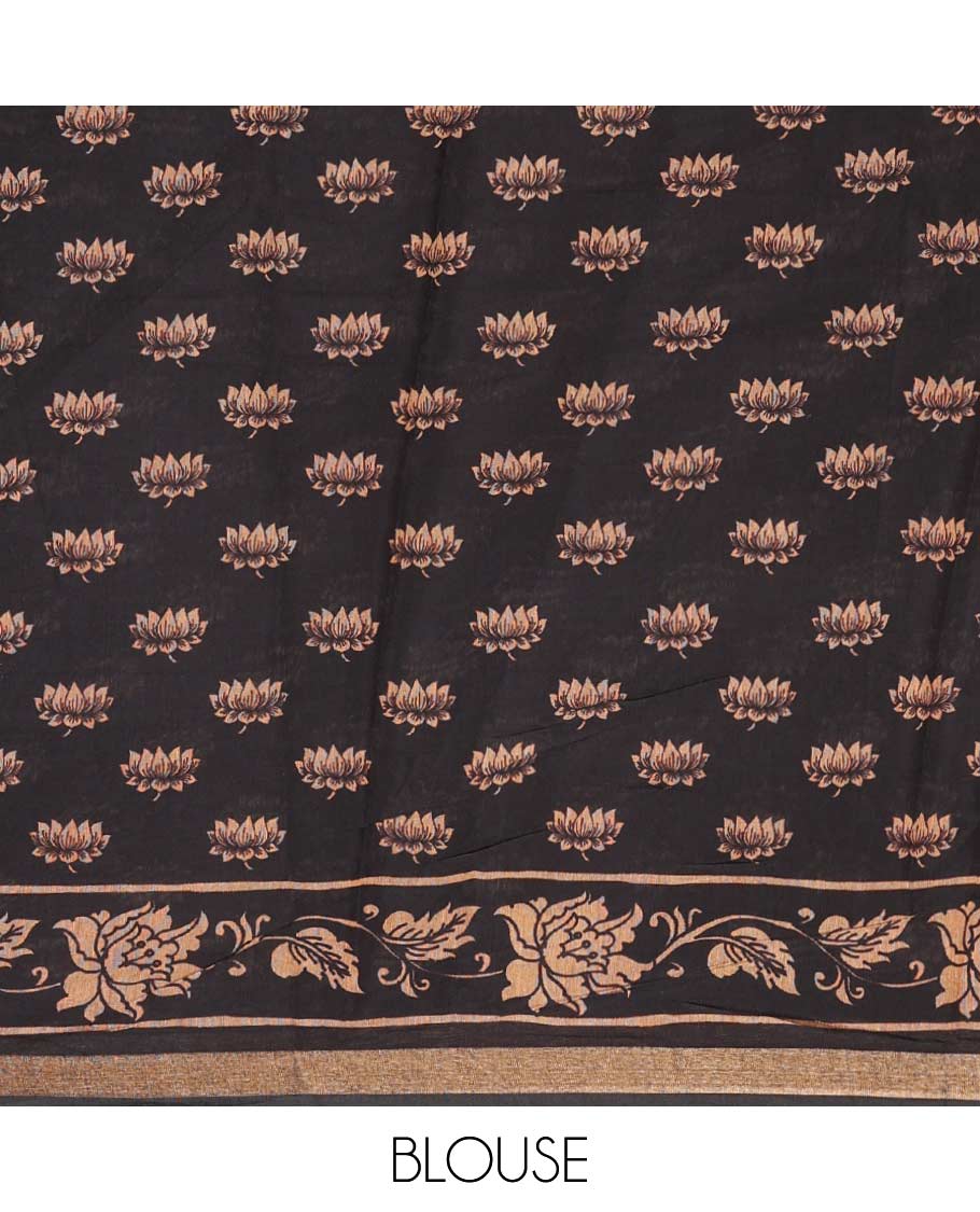 Brown floral vine printed mul mul cotton saree, print and kantha work border, and human figurines printed pallu of kantha embroidery