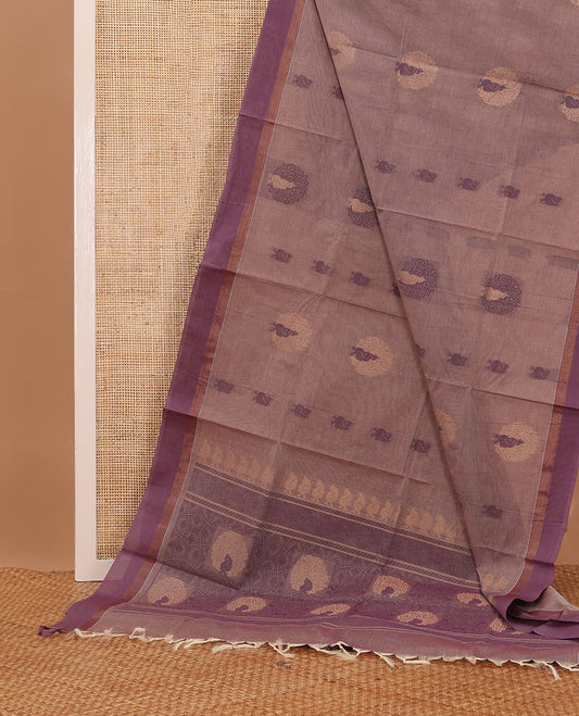 Pale brown round buttas Coimbatore cotton saree,  contrast plain border & geometric patterned pallu