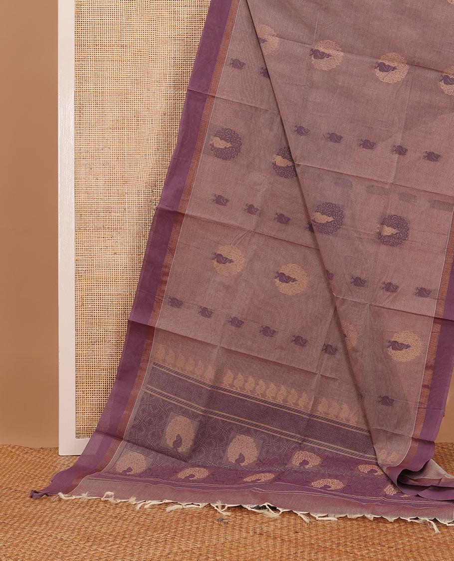 Pale brown round buttas Coimbatore cotton saree,  contrast plain border & geometric patterned pallu