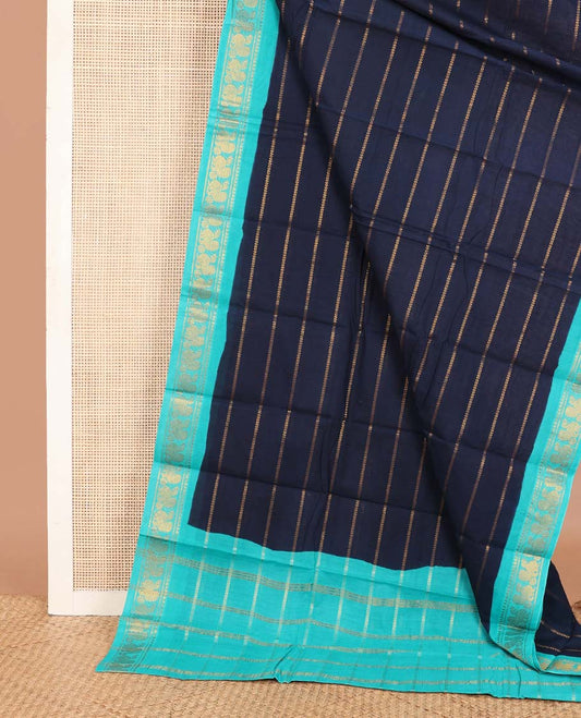 Navy blue veldhari stripes Sungudi cotton saree, contrast peacock zari border & zari striped pallu