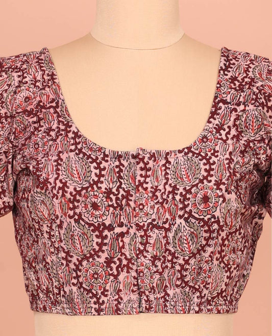Pale Pink Cotton Readymade Blouse Spotlighted with All-Over Floral Vine Print, Featuring a Front Round-Neck, a Closed Back Neck, and Elbow Sleeves