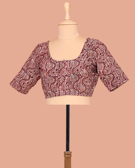 Pale Pink Cotton Readymade Blouse Spotlighted with All-Over Floral Vine Print, Featuring a Front Round-Neck, a Closed Back Neck, and Elbow Sleeves