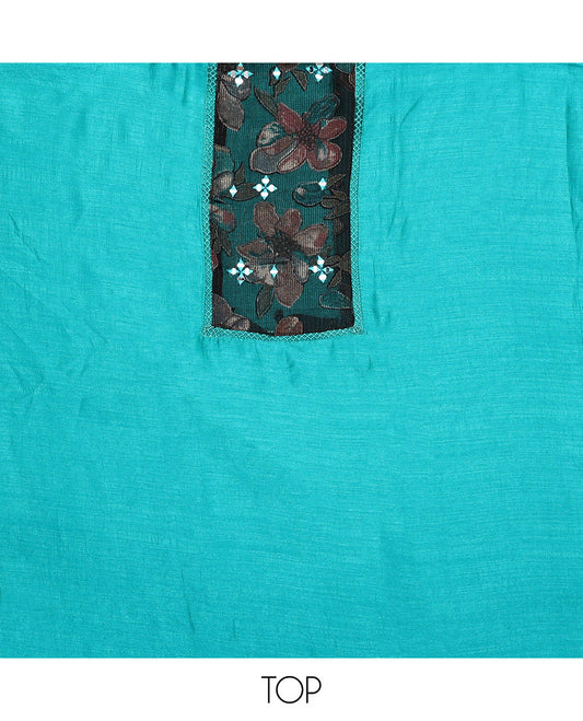 Blue material chudidar set, plain with patch embroidered work top, plain bottom, and floral printed dupatta