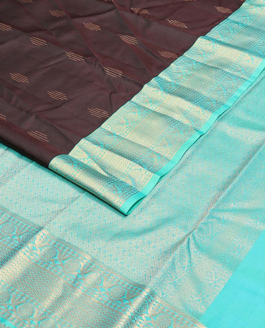 Brown zari buttas Vasundhara silk mix saree, contrast border of vanki & kodi visiry design & jaal pallu
