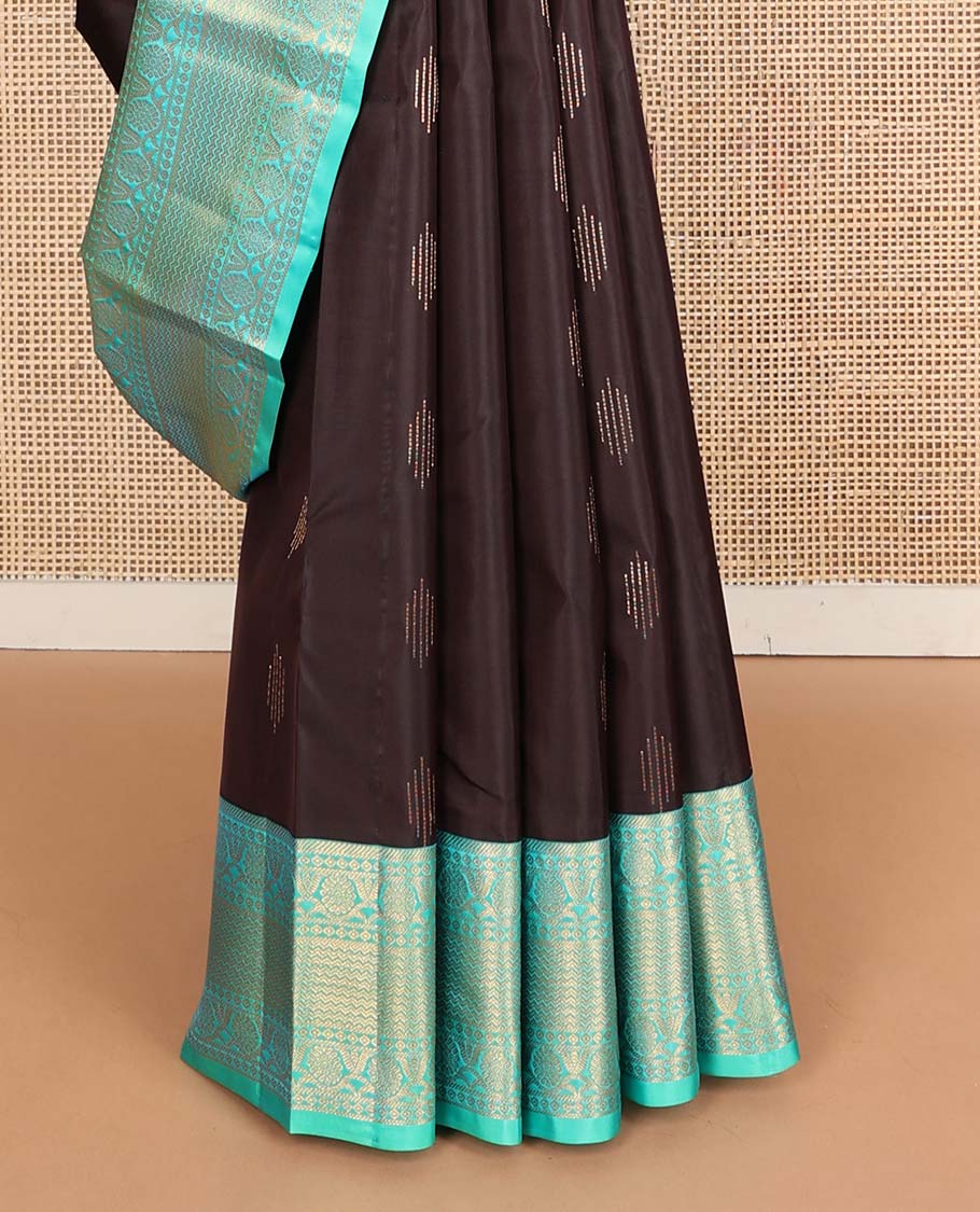Brown zari buttas Vasundhara silk mix saree, contrast border of vanki & kodi visiry design & jaal pallu