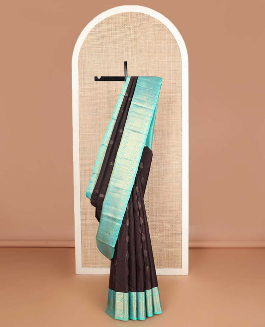 Brown zari buttas Vasundhara silk mix saree, contrast border of vanki & kodi visiry design & jaal pallu