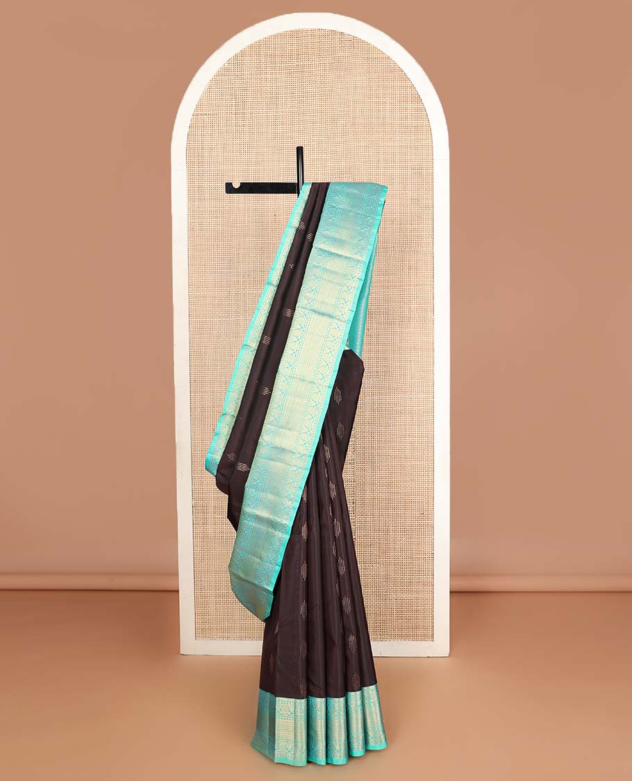Brown zari buttas Vasundhara silk mix saree, contrast border of vanki & kodi visiry design & jaal pallu