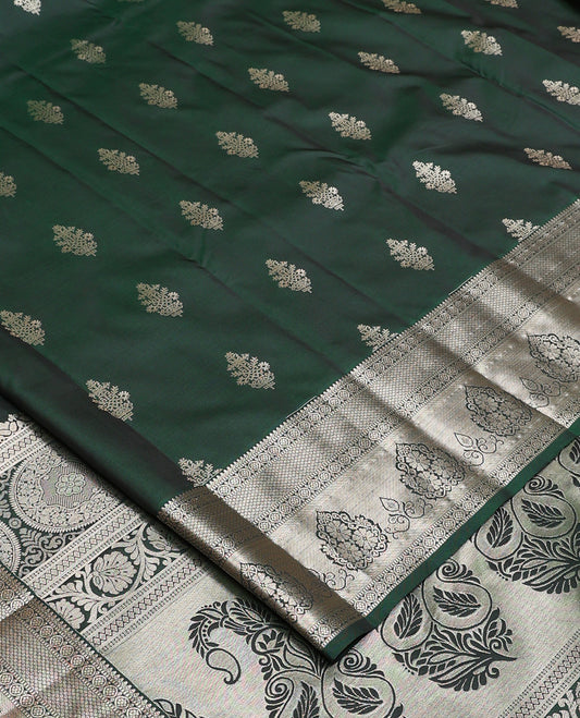 Green zari buttas Vasundhara silk mix saree, traditional zari design border, and intricate pallu