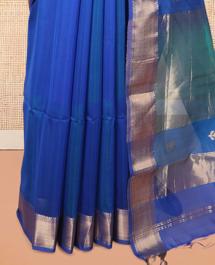 M.s Blue Maheshwari Cotton Saree, Detailed with Floral Zari Buttas, a Zari Chevron Striped Border, Zari Striped Pallu, and a Matching Blouse