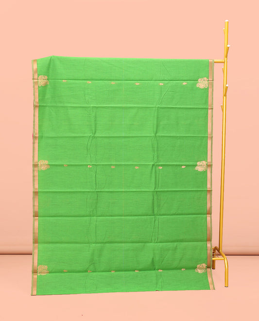 Parrot Green Semi-Silk Cotton Saree, Mesmerized with Buttas and Peacock Buttas All Over Its Body, a Subtle Zari Piping Border, Pallu of Peacock Butta Enclosed Checked Design, and Paired with a Contrast Blouse