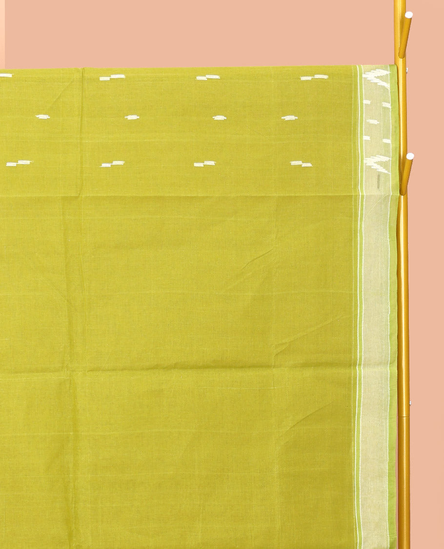Leaf Green Bengal Cotton Saree Features Thread Buttas, a Subtle Border, a Pallu of Stripes and Buttas, and a Matching Blouse