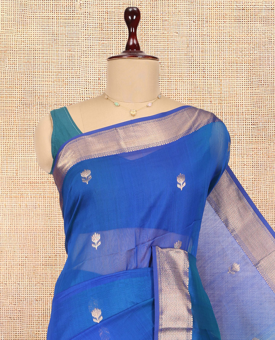 M.s Blue Maheshwari Cotton Saree, Detailed with Floral Zari Buttas, a Zari Chevron Striped Border, Zari Striped Pallu, and a Matching Blouse