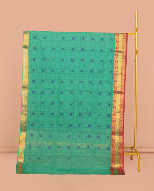 Green Venkatagiri Cotton Saree, Adorned with Butta Enclosed Checks, a Traditional Zari Border, a Floral-Print Pallu, and No Blouse