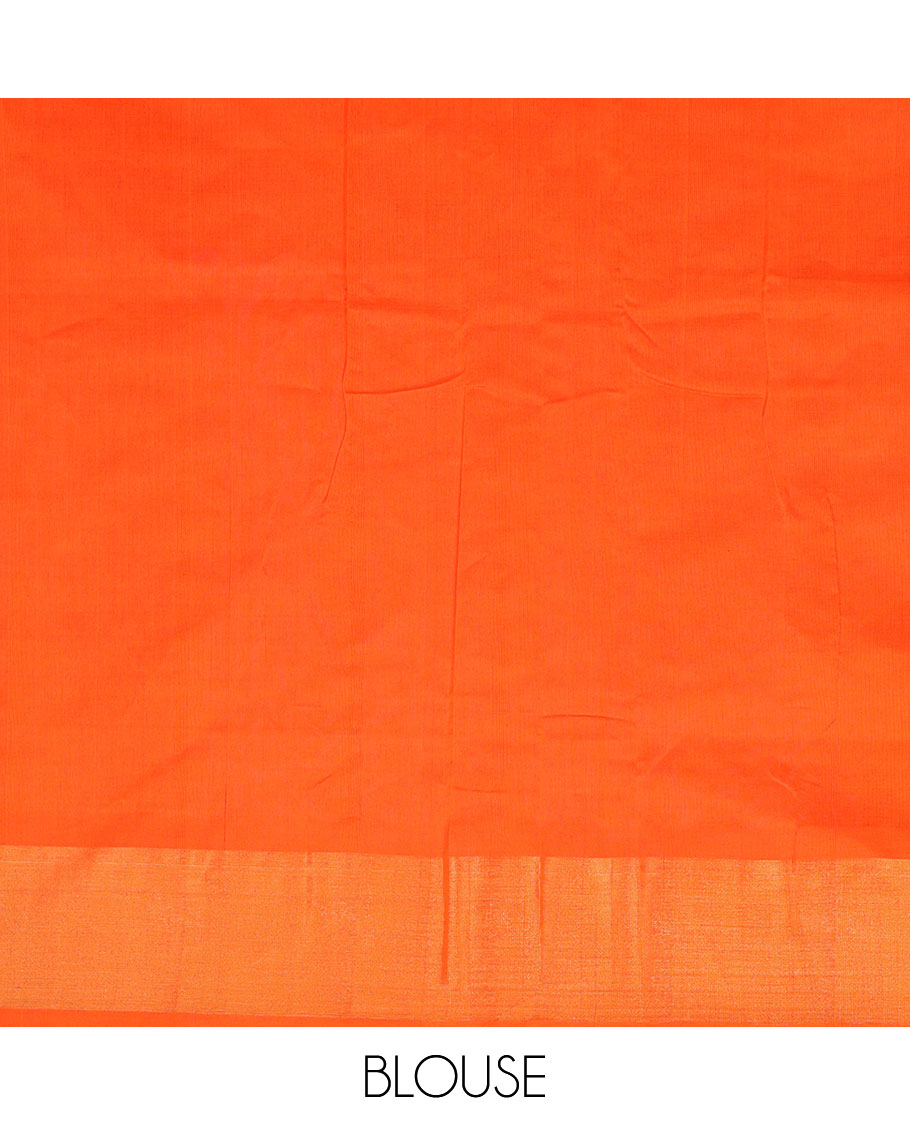 Green ikkat design poly cotton saree, zari border & contrast orange zari striped pallu