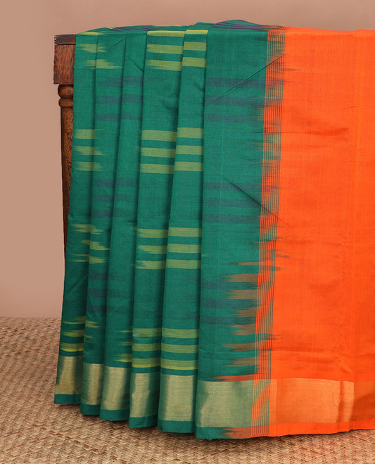 Green ikkat design poly cotton saree, zari border & contrast orange zari striped pallu