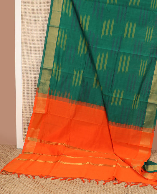 Green ikkat design poly cotton saree, zari border & contrast orange zari striped pallu