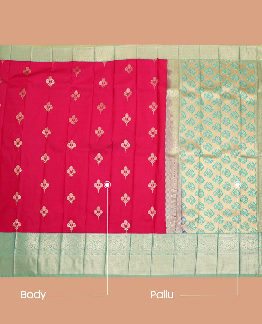 Red Budget Silk Saree, Beautified with Floral Buttas All Over Its Body, Complemented by a Contrast Traditional Zari Design Border, Pallu Steeped with Floral Designs, and Paired with a Contrast Blouse