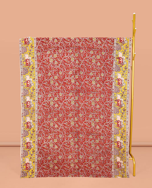 Maroon Machine-Printed Kalamkari Cotton Saree, Featuring Floral Vines on Its Body, Complemented by a Contrast Border of Pichwai Cow Print, Pallu of Peacock Print, and Paired with a Printed Blouse