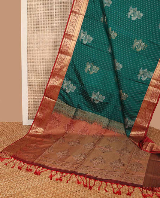 Green striped, motifs soft silk saree with contrast striped border & floral design pallu
