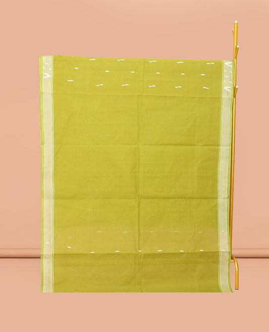 Leaf Green Bengal Cotton Saree Features Thread Buttas, a Subtle Border, a Pallu of Stripes and Buttas, and a Matching Blouse