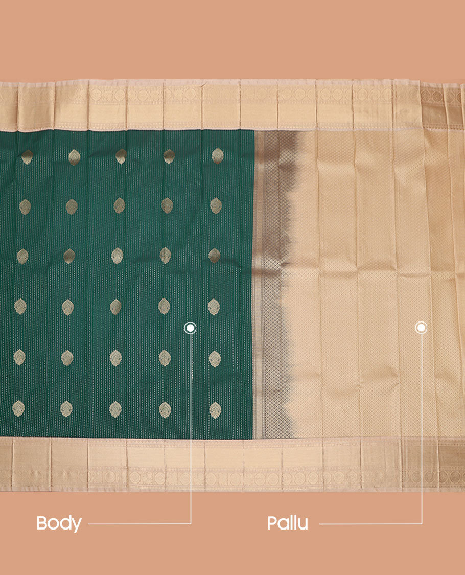 Green Budget Silk Saree, Steeped with Zari Buttas All Over Its Body, Complemented by Captivating Contrast Border of Traditional Zari Designs, Grand Jaal Pallu and Paired with a Contrast Blouse