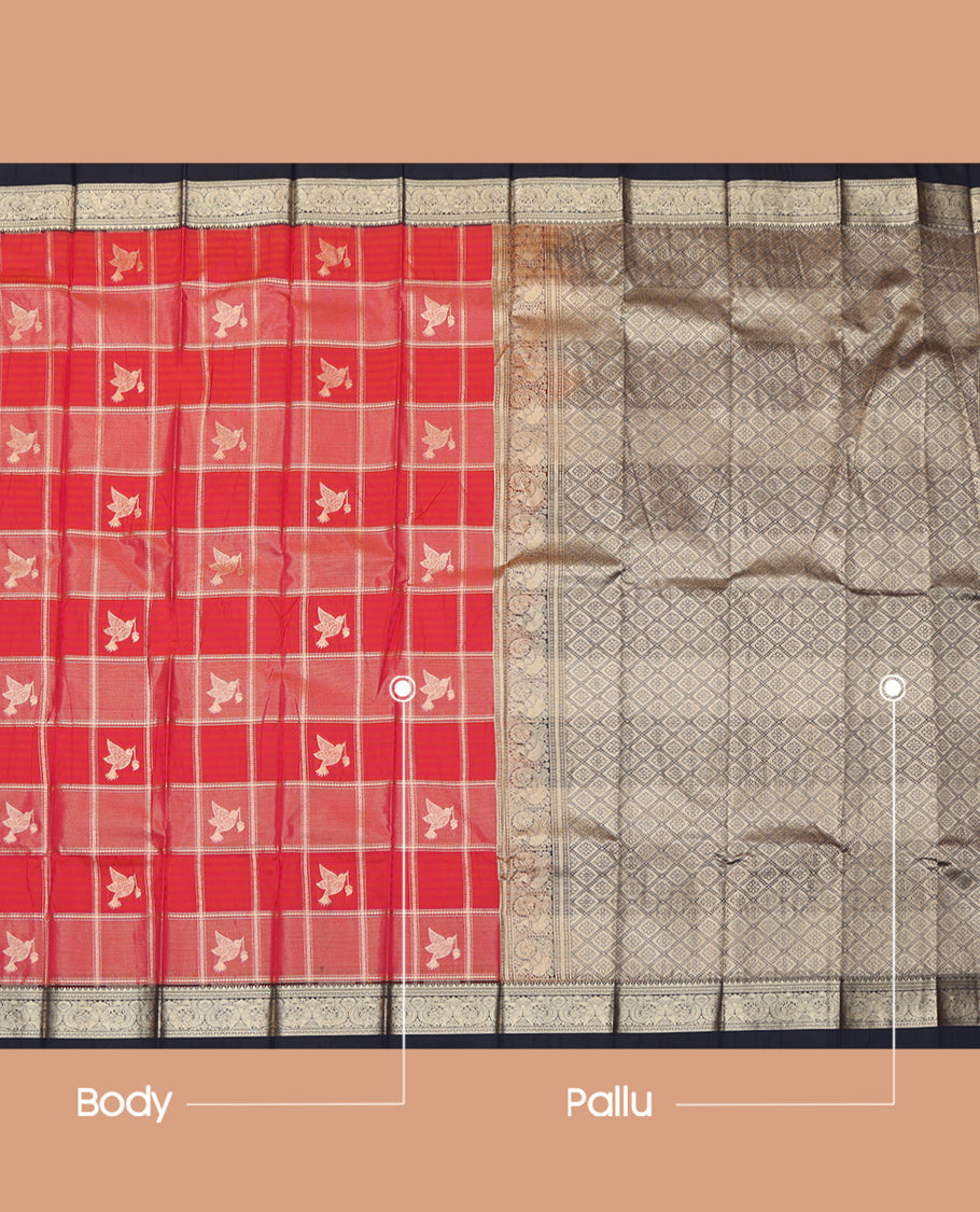 Red Checks Contrast Budget Silk Saree