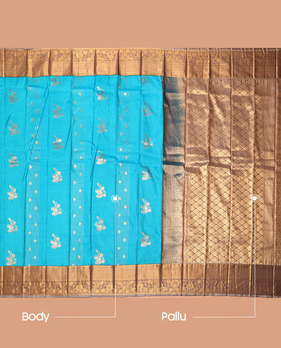 Blue Budget Silk Saree, Dazzled with Zari Buttas, Complemented by Contrast Traditional Zari Border, a Grand Pallu and a Contrast Blouse