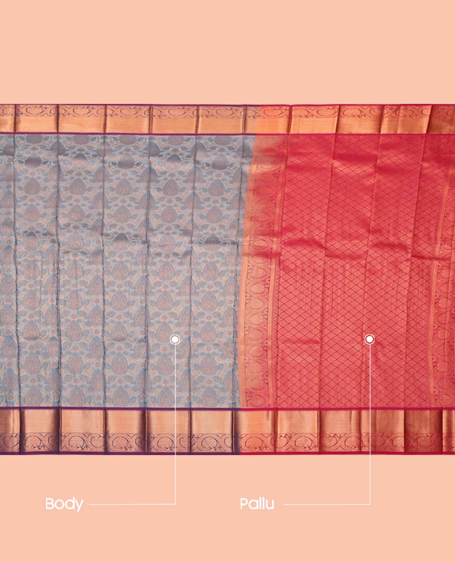 Blue Budget Silk Saree, Elevated with Jacquard Design, Complemented by a Contrast Floral Creeper Zari Border, Grand Jaal Pallu, and a Contrast Blouse