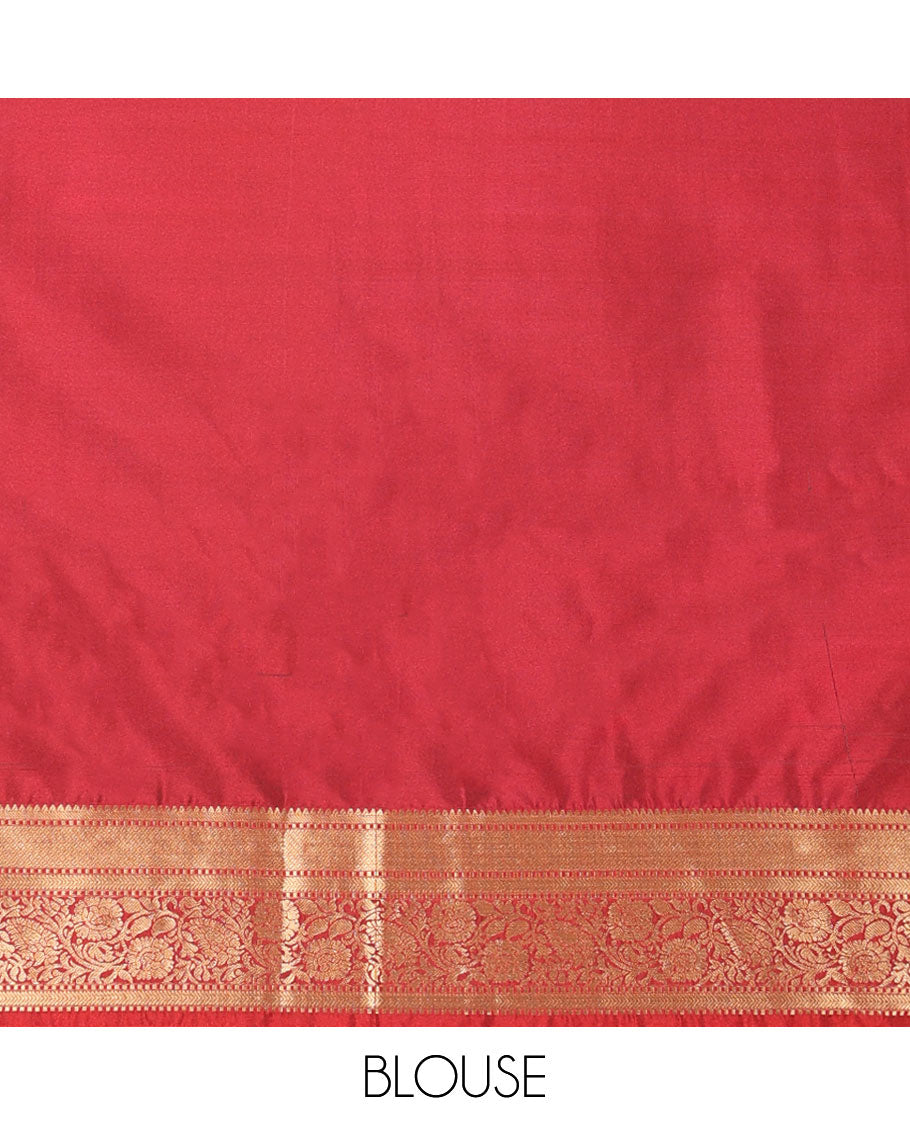 Green striped, motifs soft silk saree with contrast striped border & floral design pallu