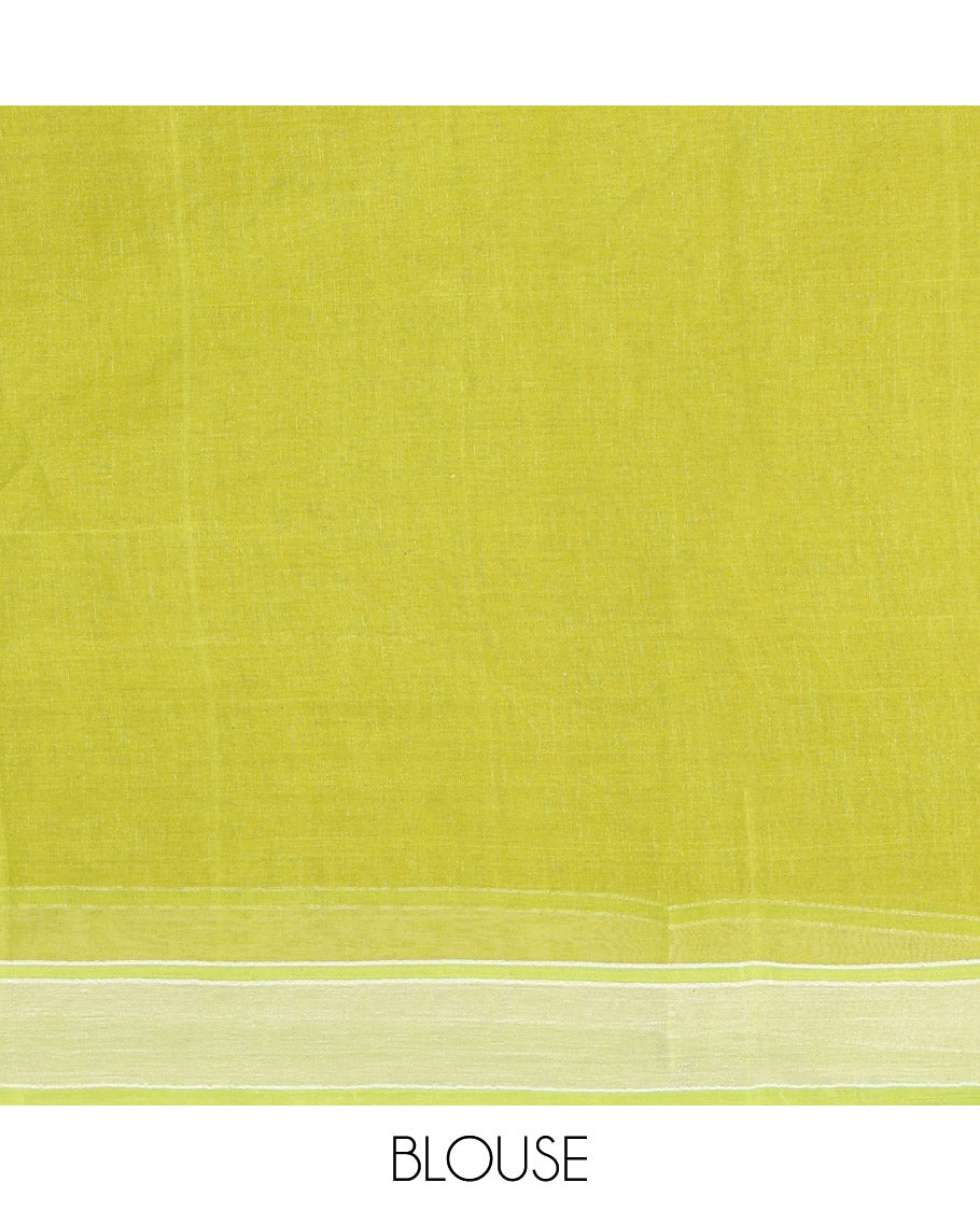 Leaf Green Bengal Cotton Saree Features Thread Buttas, a Subtle Border, a Pallu of Stripes and Buttas, and a Matching Blouse